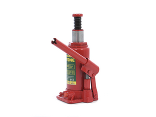 Cric hidraulic auto, tip butelie, 12 tone, inaltime ajustabila 60 mm, supapa siguranta, otel, rosu, 21 x 12 x 13 cm