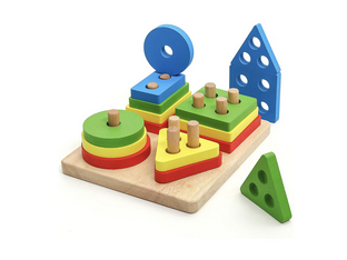 Jucarii Montessori sortator pentru copii, 16 piese din lemn natural eco, puzzle, forme geometrice, 4 coloane de sortare a culorii