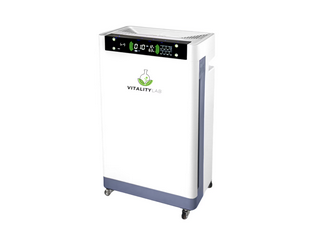 Purificator aer Vitality Lab™ Pure Flow, 80 m², CADR 600 m³/h, senzor PM2.5, dezodorizare cu ozon, sterilizare duala UV-C + O3, filtrare HEPA si TVOC carbon activ, ionizare 100 milioane ioni/secunda, higrometru si termometru, control inteligent smart WiFi